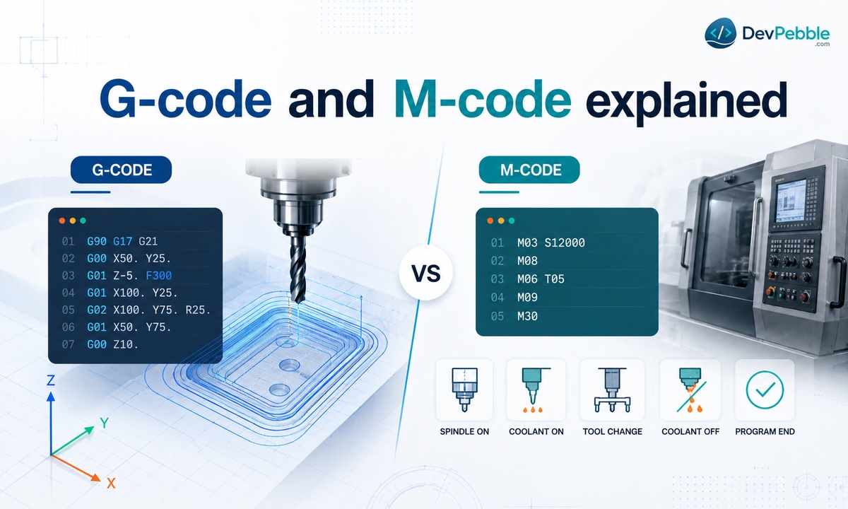 G-code and M-code explained — G-code drives cutting motion like rapid and feed moves, while M-code manages machine functions such as spindle, coolant, and program end.