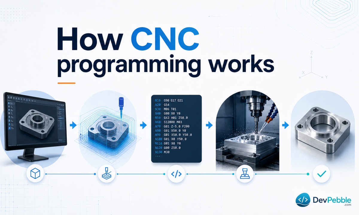 How CNC programming works from design to finished part — a CAD model flows into CAM toolpaths, gets posted as machine-readable code, and runs line by line to cut the raw stock.