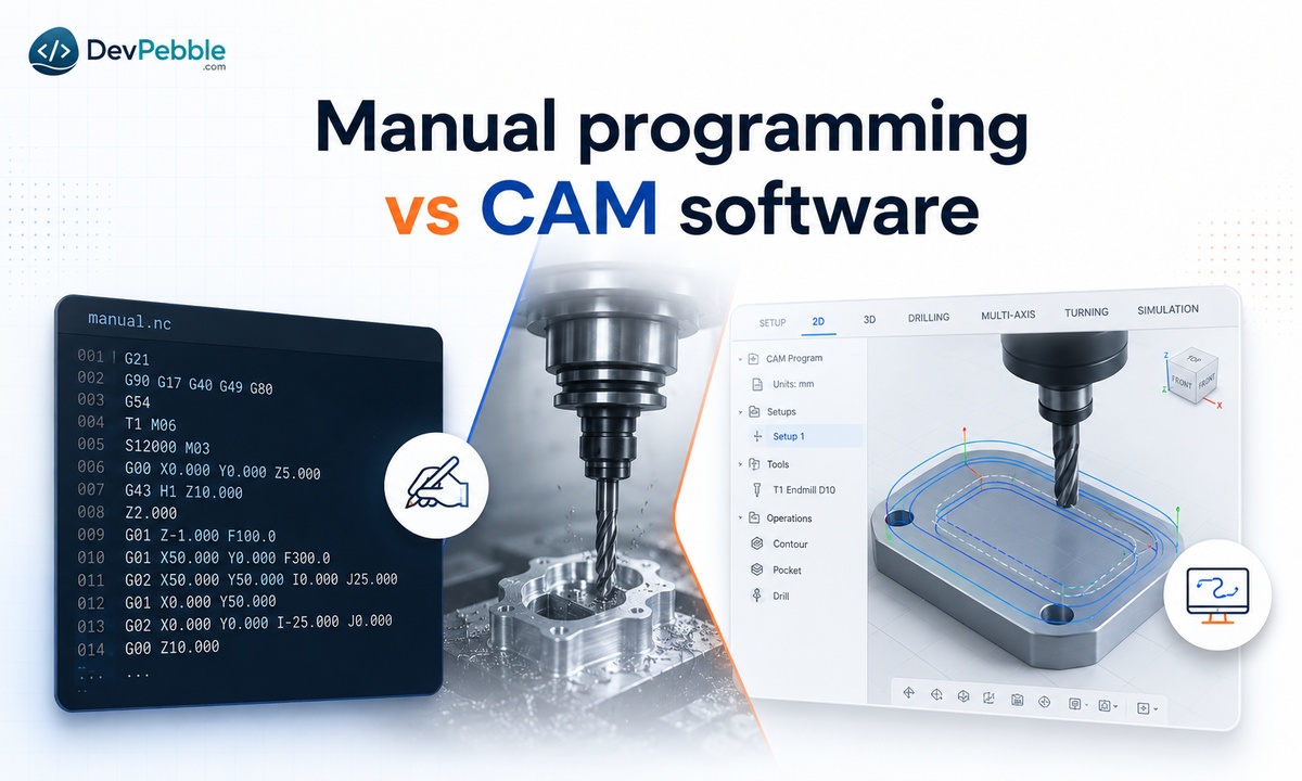 Manual programming vs CAM software — hand-coding G-code line by line gives full control for simple parts, while CAM generates toolpaths from a CAD model for complex shapes.