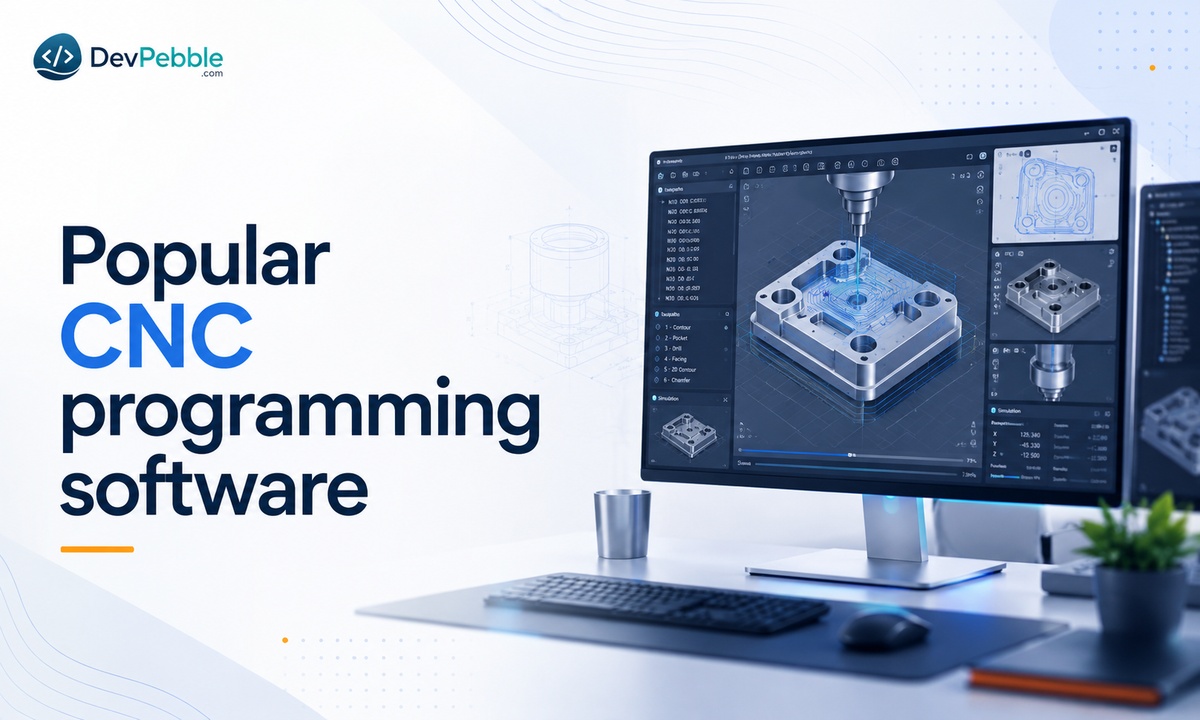 Popular CNC programming software — Fusion 360, Mastercam, SolidCAM, and Siemens NX, each plugging into the same CAD to CAM workflow that turns a design into machine-ready code.