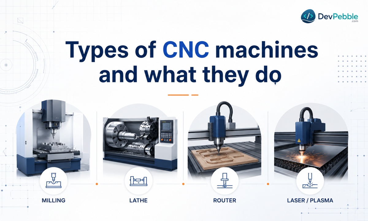 Types of CNC machines that use programming — mills, lathes, routers, and plasma and laser cutters, all running on programmed instructions written in G-code and M-code.