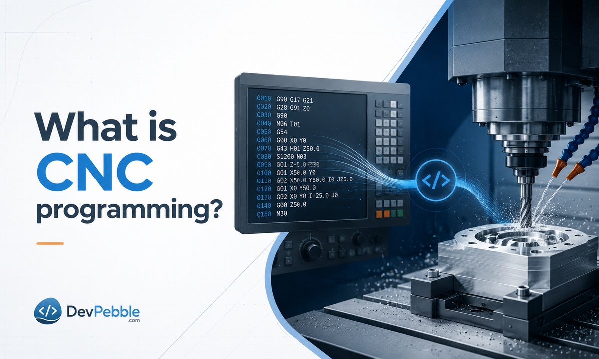 What is CNC programming — a machine reading a written set of coded instructions that control tool position, cutting speed, depth, and direction instead of manual dials and levers.