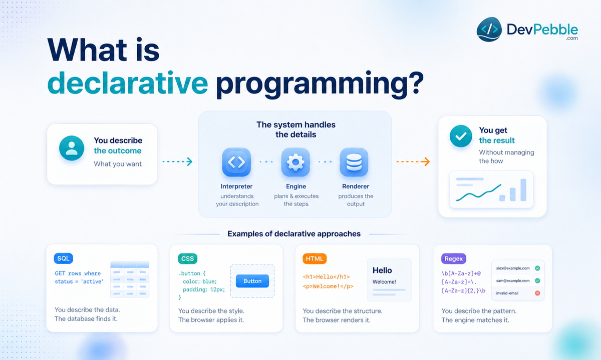 Benefits of declarative programming — shorter code, fewer state bugs, easier collaboration, safe parallelism, and free gains from engine improvements.