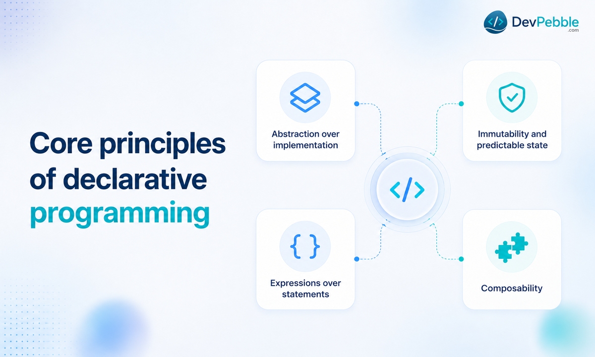 Core principles of declarative programming — abstraction over implementation, immutability, expressions over statements, and composability.