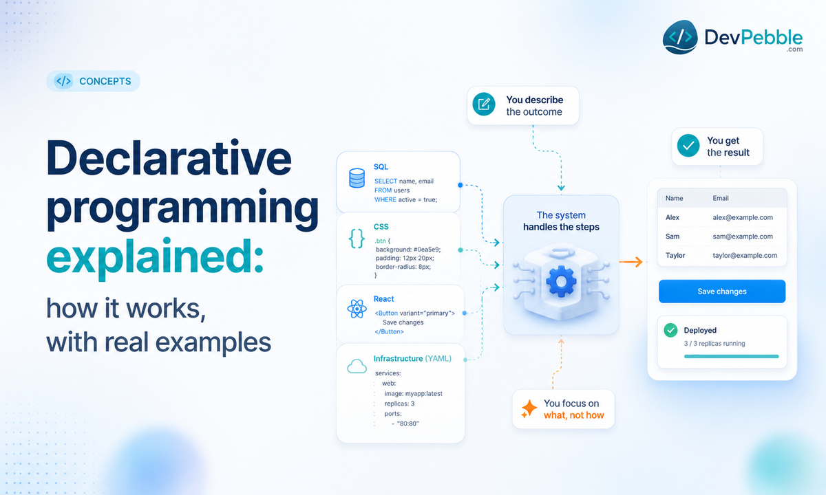 Declarative programming explained with real examples — describing the result you want in SQL, CSS, React, and Terraform while an engine works out the steps.