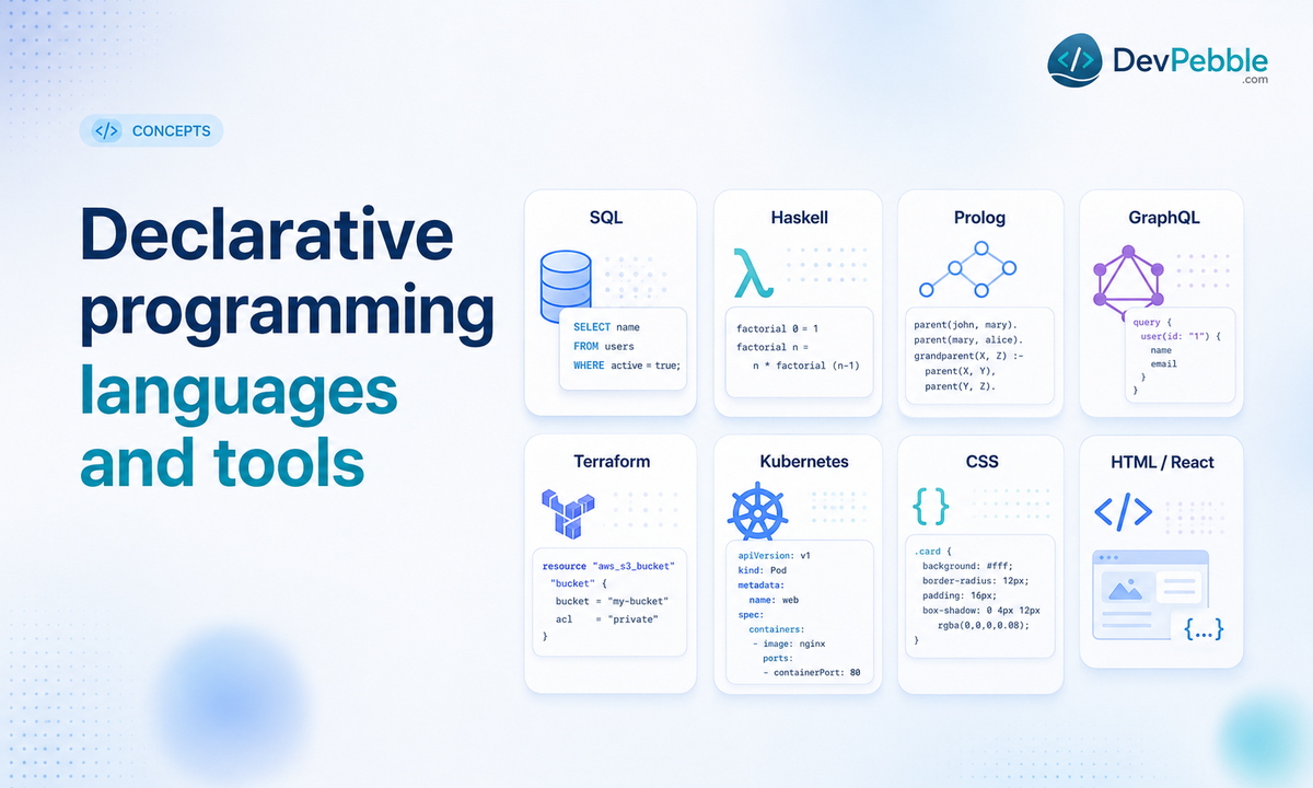 Declarative programming languages and tools — SQL, Haskell, Prolog, GraphQL, Terraform, Kubernetes, HTML, and CSS, each declaring an outcome for its domain.