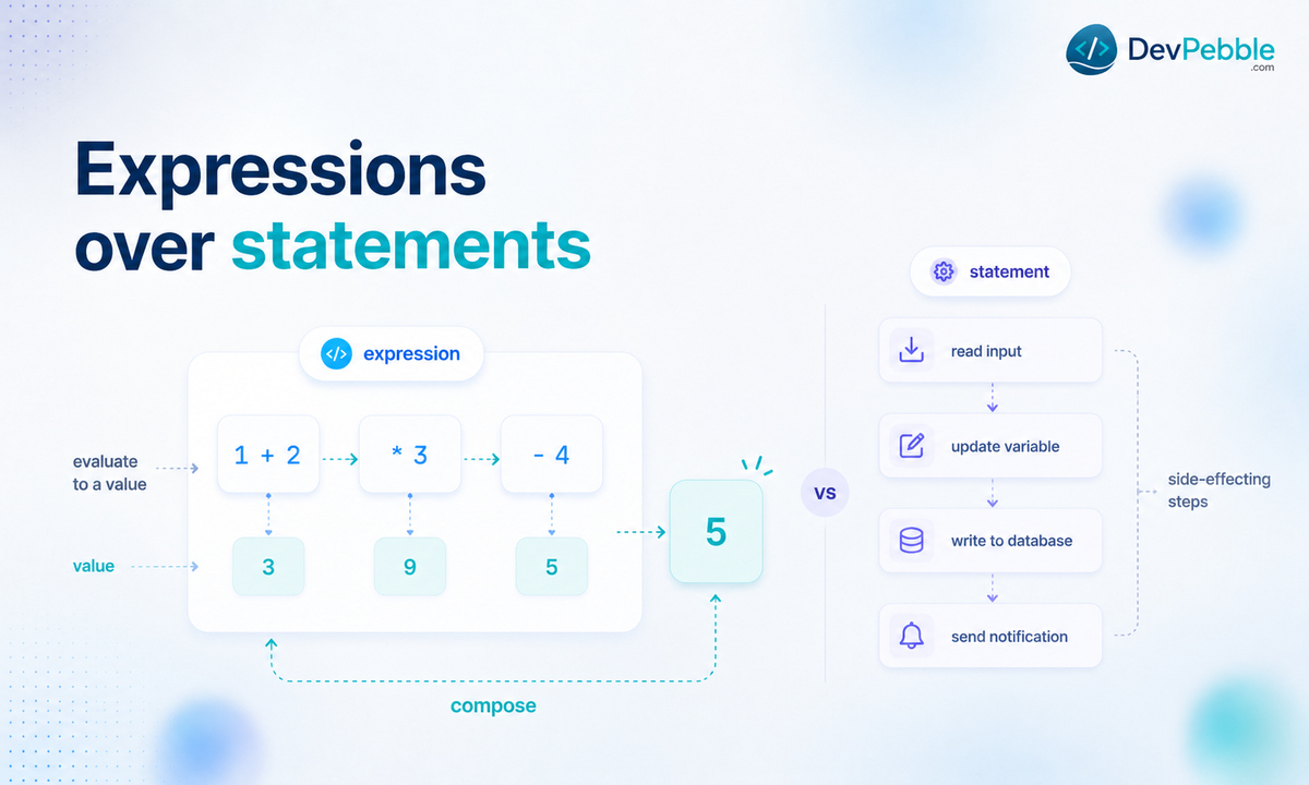 Expressions over statements — composing small pieces of code that evaluate to a value instead of chaining side-effecting instructions.