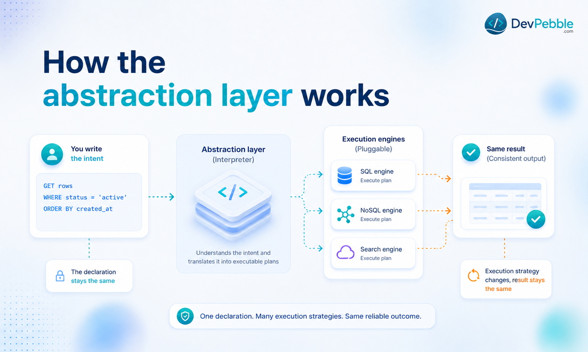 How the declarative abstraction layer works — an interpreter between your code and the machine that turns what you want into how it runs.