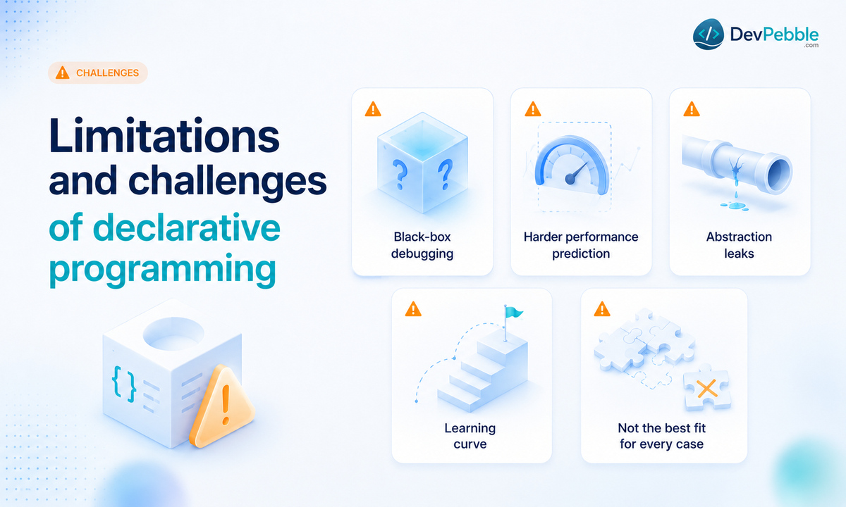 Limitations and challenges of declarative programming — black-box debugging, unpredictable performance, leaky abstractions, a learning curve, and problems that don't fit.
