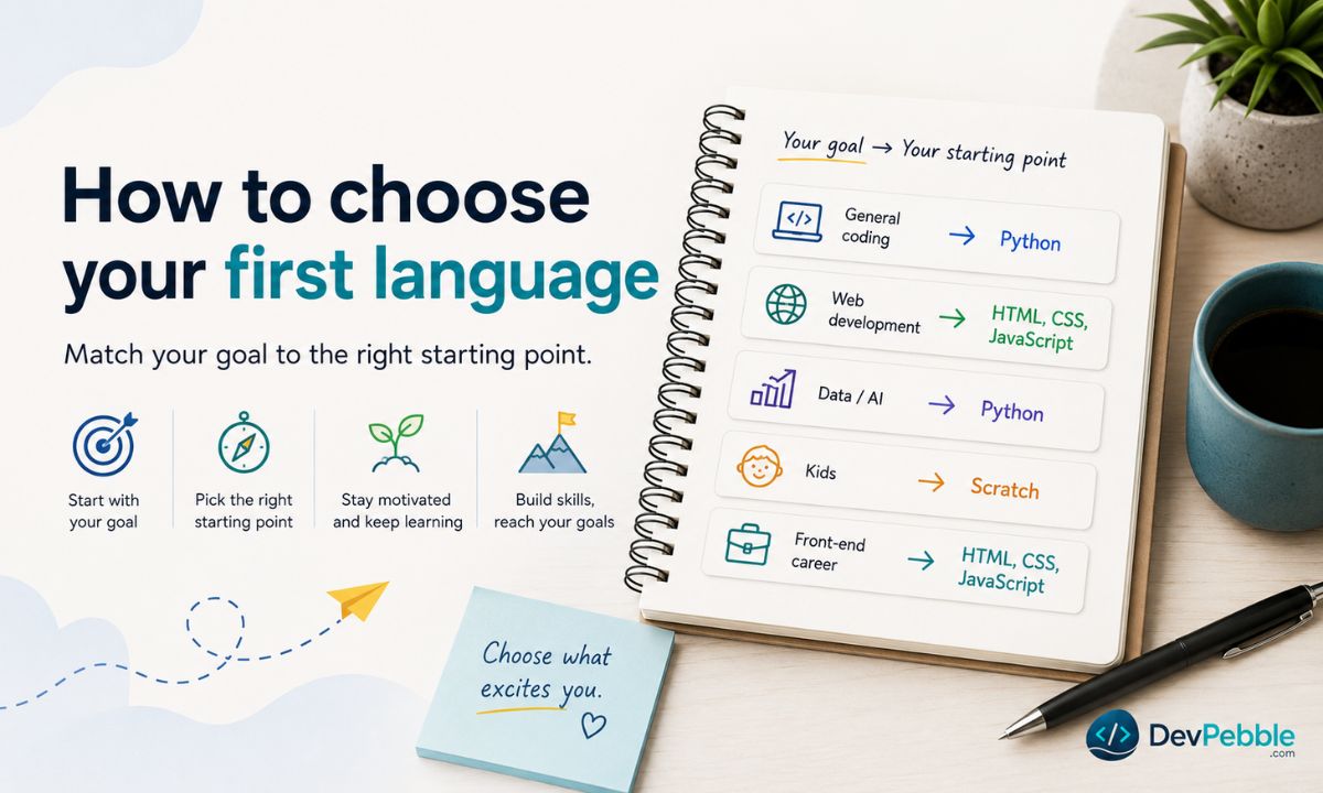 How to choose your first language — match your goal to a starting point, from general coding and web development to data science, kids, and front-end careers.