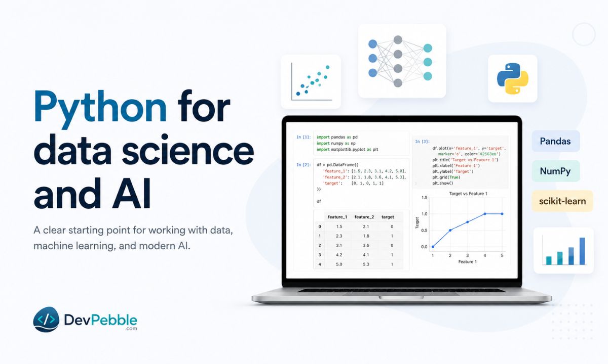 Python for data science and AI — plain syntax plus libraries like Pandas, NumPy, Matplotlib, scikit-learn, TensorFlow, and PyTorch make it the field's standard language.