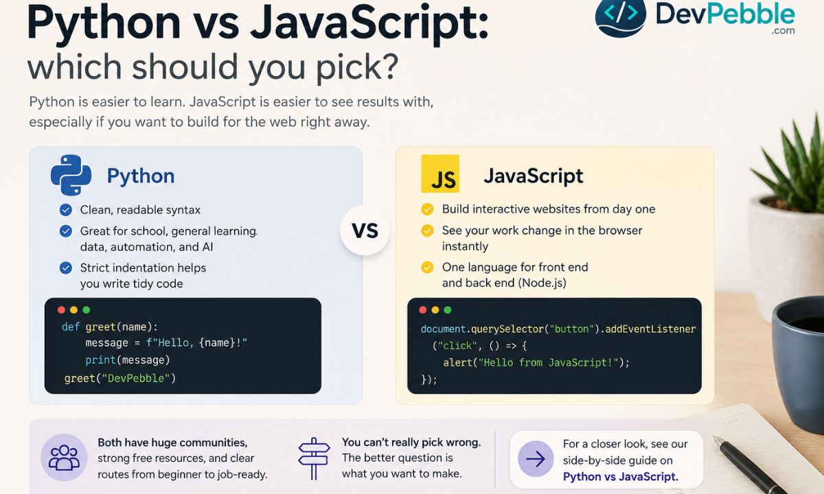 Python vs JavaScript: which should you pick — Python is easier to learn while JavaScript shows results faster in the browser, each suited to different goals.