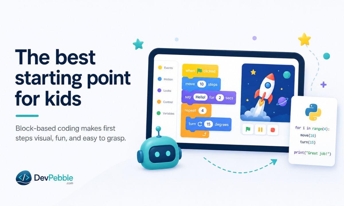 The best starting point for kids — Scratch, MIT's free block-based platform where children drag and drop visual blocks to learn loops, conditions, and events.
