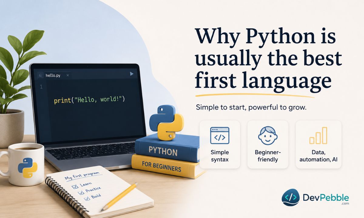 Why Python is usually the best first language — clean, one-line syntax with no boilerplate, powering data science, automation, web frameworks, and most university CS courses.