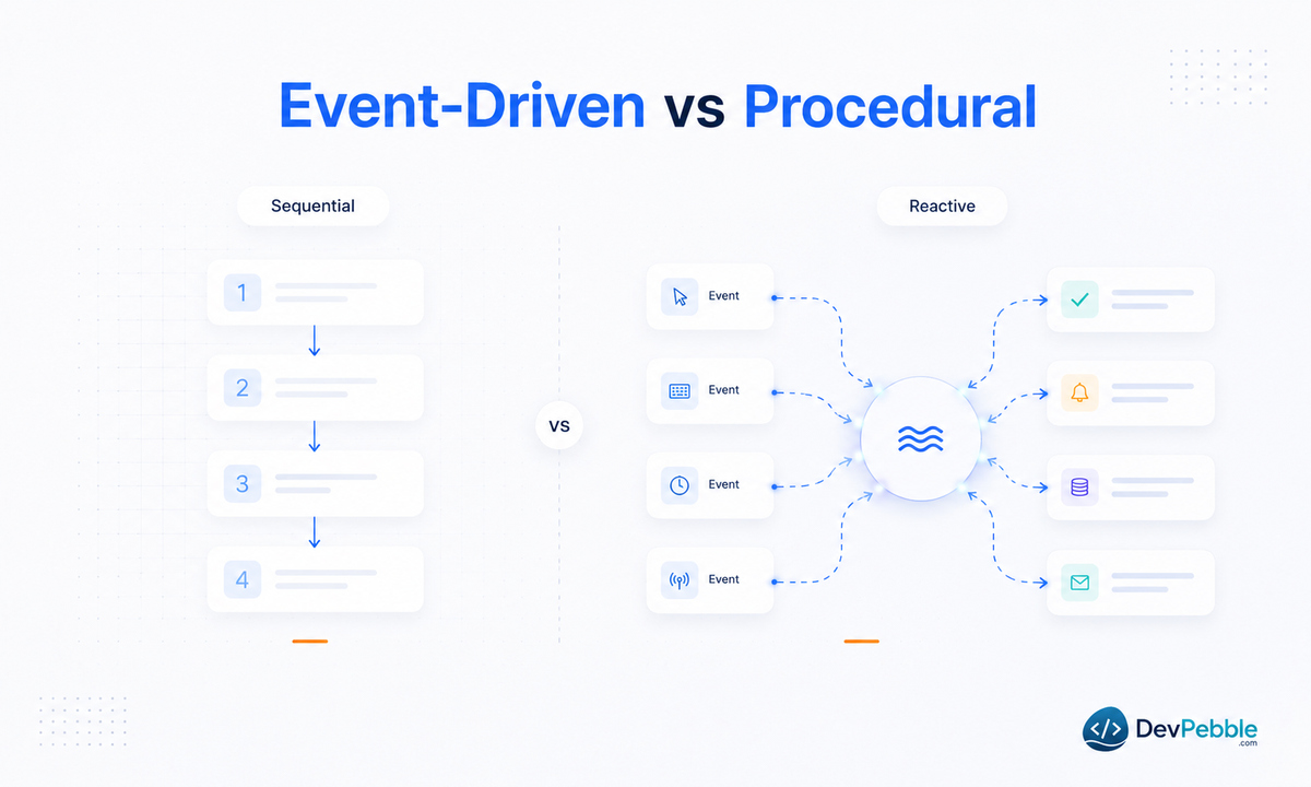 Event-driven programming vs procedural programming — event-decided, loosely coupled, non-blocking execution compared to fixed, tightly coupled, sequential steps.