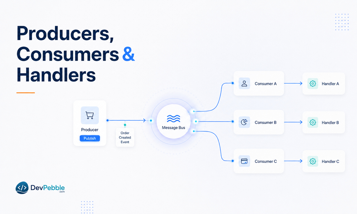 How producers, consumers, and handlers communicate — an event bus or message broker routing published events to independent subscribers through pub/sub.