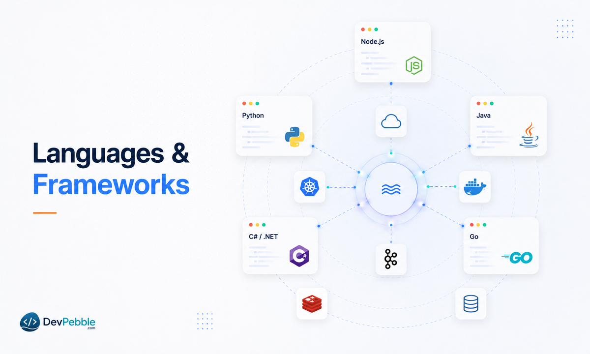 Languages and frameworks that support event-driven programming — JavaScript and Node.js, Python asyncio, Java Spring and Vert.x, C# and Rx.NET, Go channels, and cloud brokers.