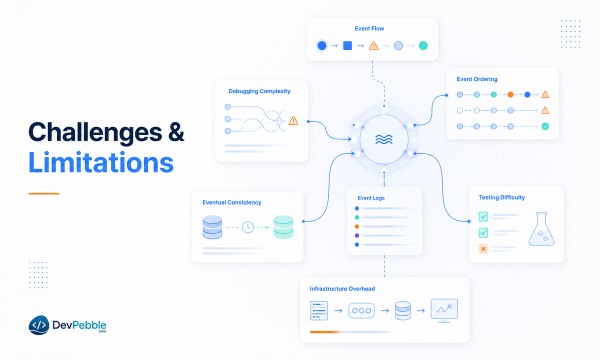 The challenges and limitations of event-driven programming — harder debugging and tracing, event ordering, eventual consistency, heavier testing, and infrastructure overhead.