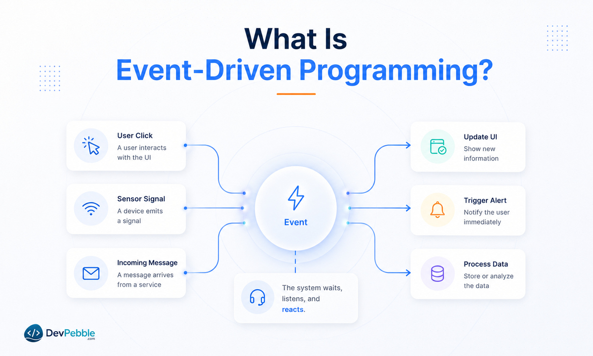 What is event-driven programming and how does it work — a program whose flow is decided by events like clicks, messages, and sensor triggers rather than a fixed sequence.