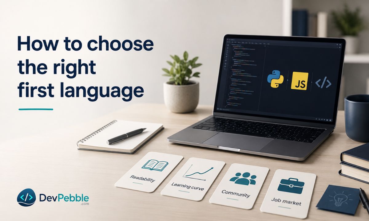 How to choose the right first language — weighing readability, learning curve, community support, free courses, and job-market demand before committing to one.