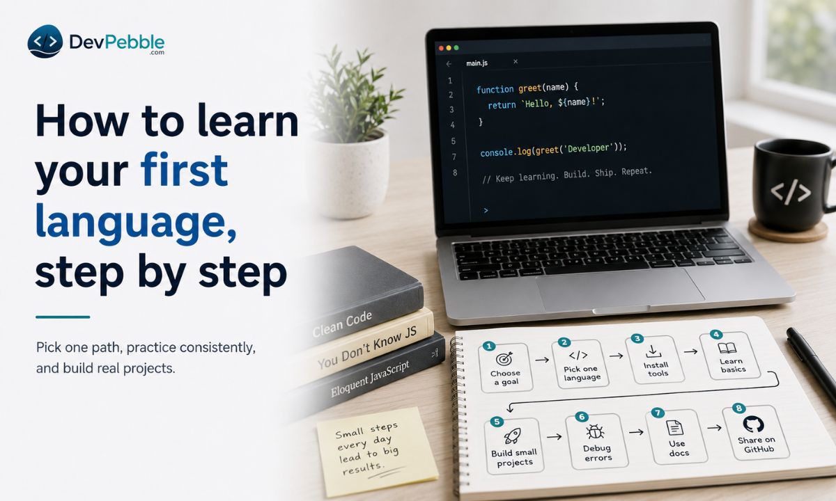 How to learn your first language step by step — pick one goal, choose a language, install the official toolchain, learn the basics, build small projects, debug, and use Git.