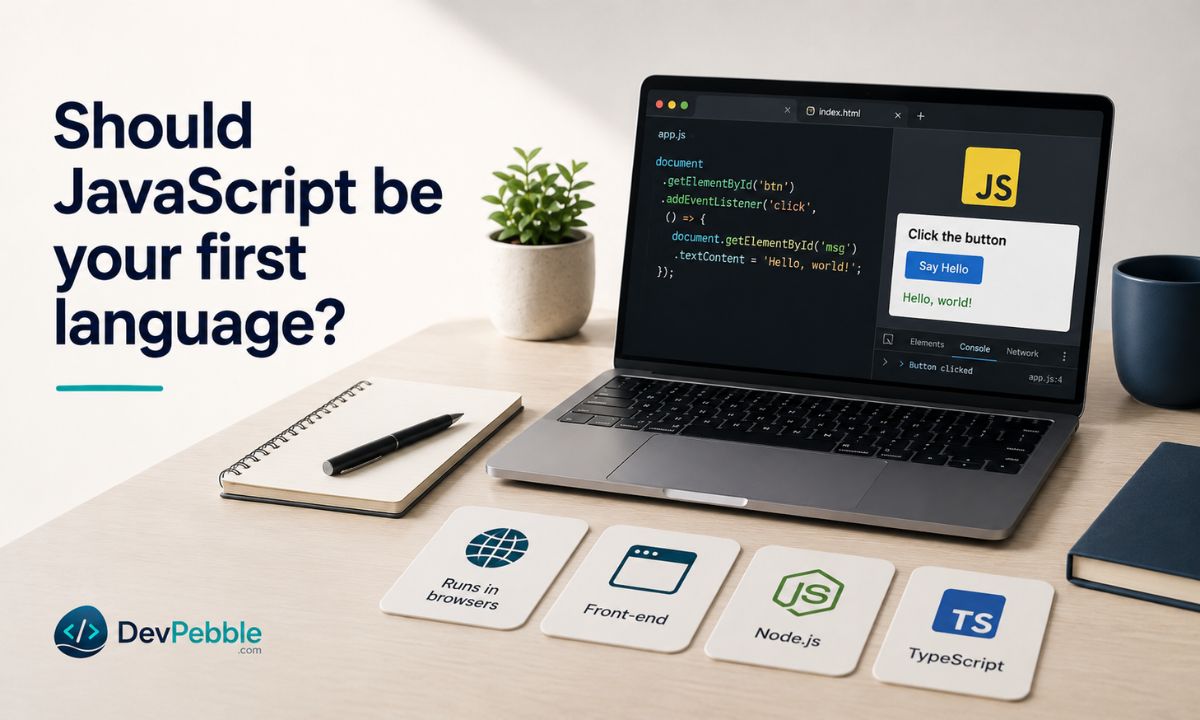 Should JavaScript be your first language — the only language that runs natively in every browser, powering React, Vue, and Svelte, with Node.js on the server.