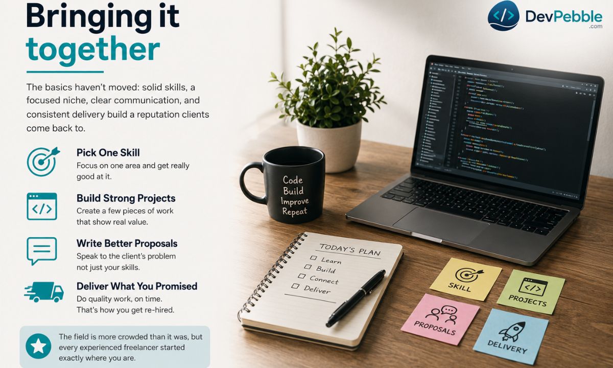 Bringing it together — solid skills, a focused niche, clear communication, and consistent delivery build a freelance reputation clients come back to.