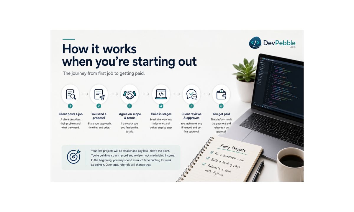 How freelance programming works when you're starting out — a client posts a job, you send a proposal with your approach and price, agree on scope, build in stages, and get paid on approval.