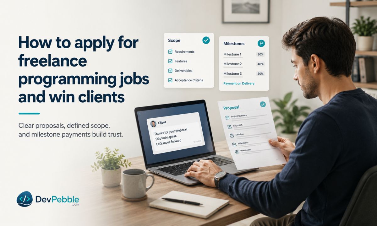 How to apply for freelance programming jobs and win clients — write proposals about the client, pin down scope in writing, and use milestone payments on anything longer than a day or two.