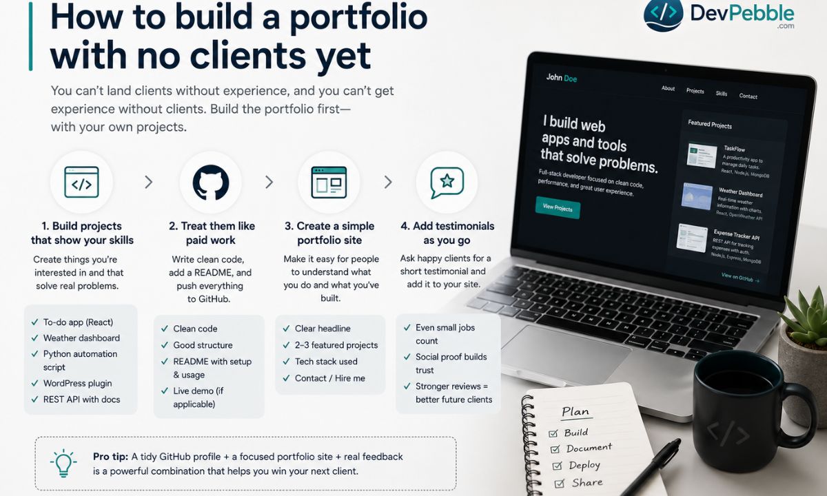 How to build a freelance developer portfolio with no clients yet — ship your own projects with clean code and a README on GitHub, then a simple portfolio site, before you need them.
