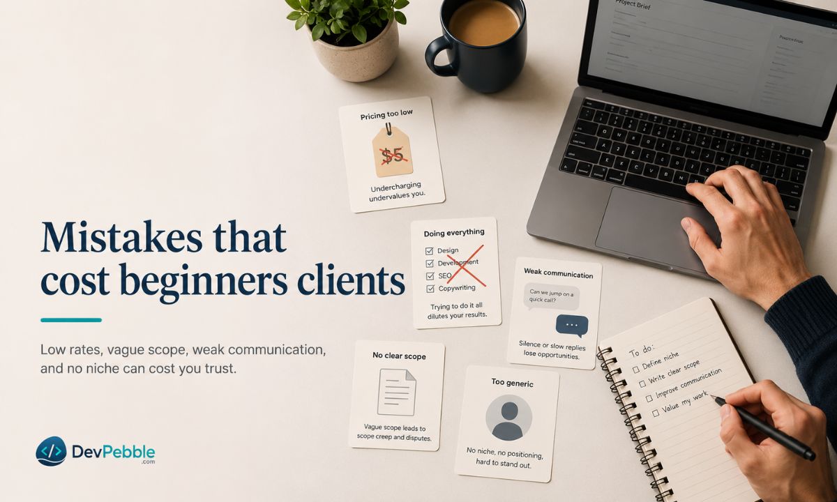 Mistakes that cost beginners clients — underpricing and staying there, taking on work above your level, skipping anything in writing, going quiet when something breaks, and ignoring your niche.
