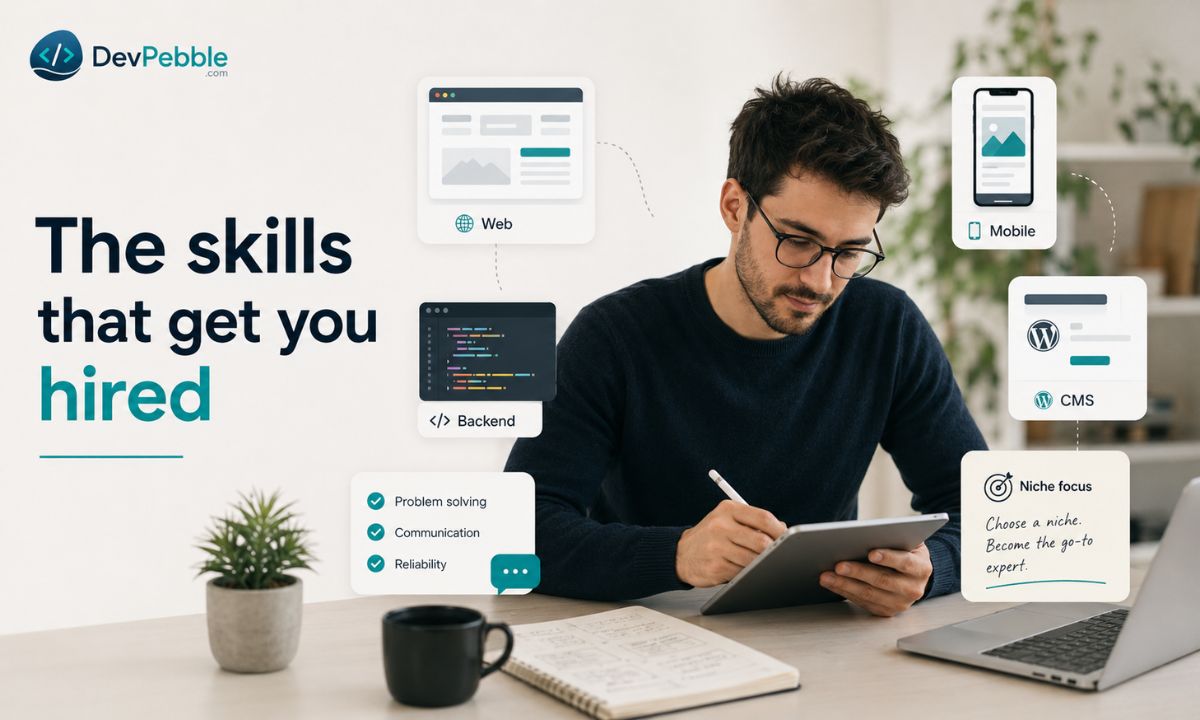 The skills that get you hired as a freelance developer — web development, Python, mobile, and WordPress work, paired with clear writing, realistic estimates, and a focused niche.