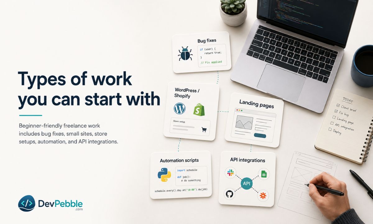 Types of freelance programming work you can start with — bug fixes and small code reviews, WordPress and Shopify jobs, landing pages, automation scripts, and API integrations.