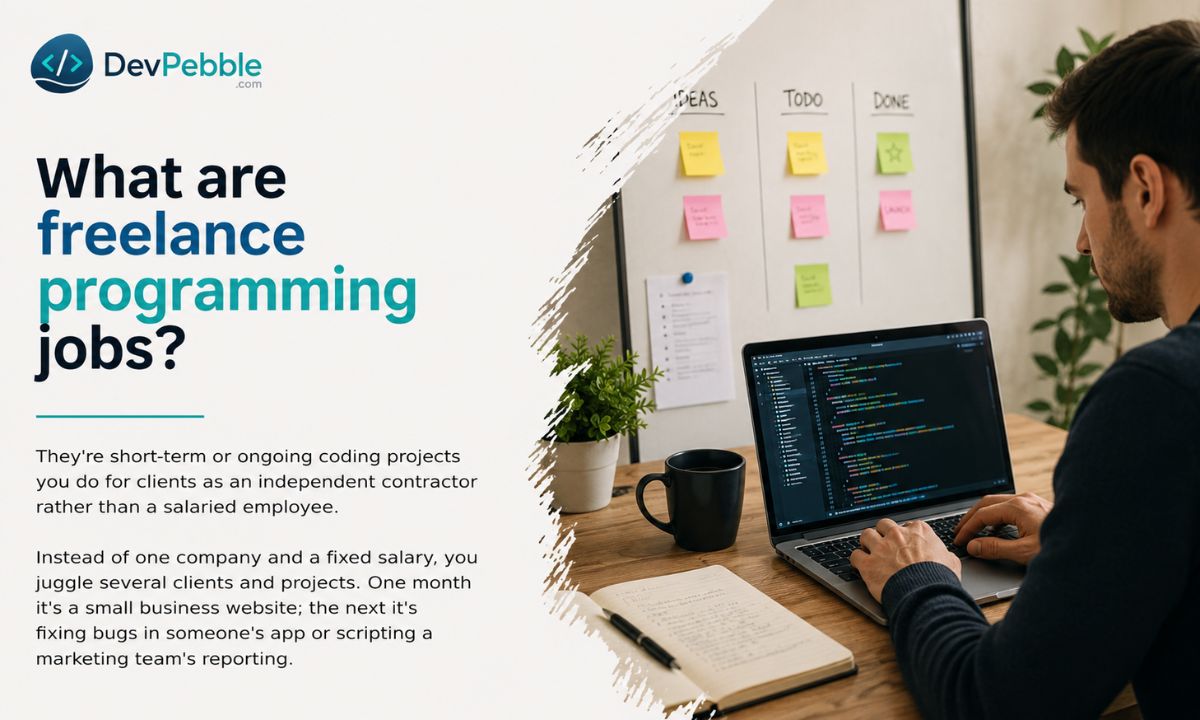 What are freelance programming jobs — short-term or ongoing coding projects done for clients as an independent contractor rather than a salaried employee, juggling several clients at once.