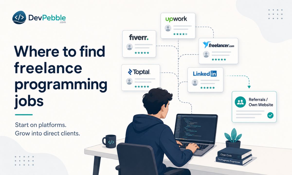 Where to find freelance programming jobs — platforms like Upwork, Fiverr, Freelancer.com, and Toptal that handle contracts and payments, plus LinkedIn, referrals, and your own site.