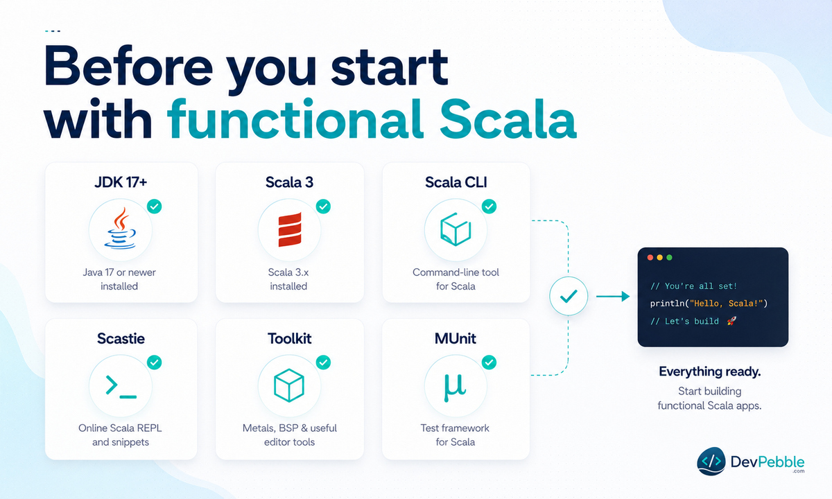 Before you start with functional Scala — working knowledge of Scala functions, collections, and case classes, plus a way to run Scala 3 through Scastie or the scala command.