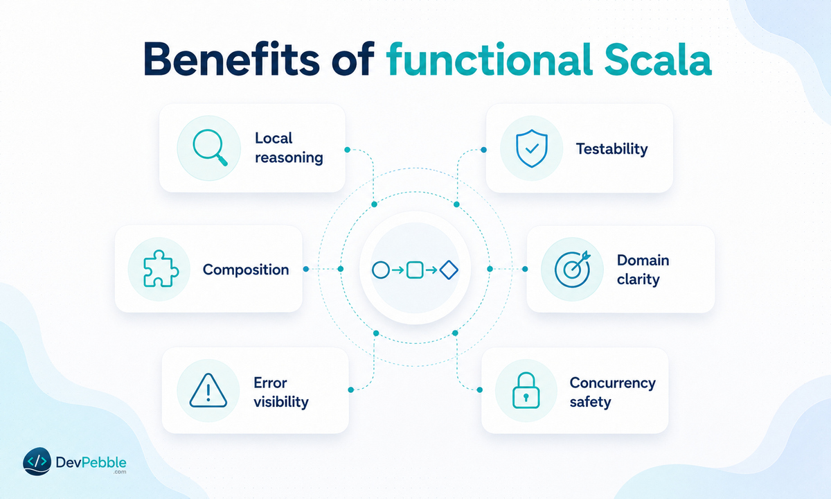 Benefits of functional programming in Scala — local reasoning, cheaper tests, safer concurrency, composition, and domain clarity, each shown by the pricing pipeline.