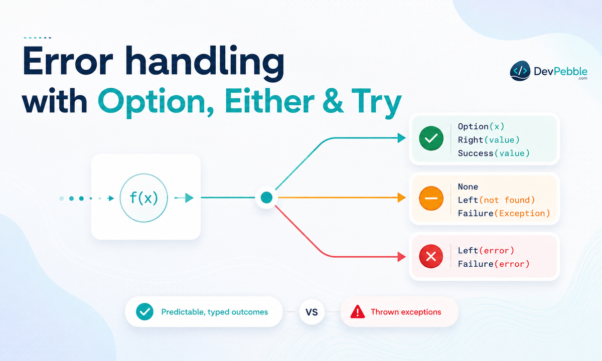 Error handling with Option, Either, and Try in Scala — representing expected failures as return values rather than exceptions or null, so the type carries the failure.