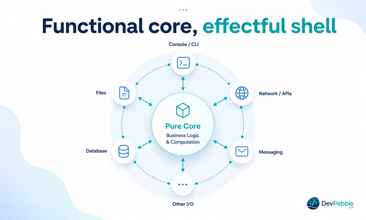 Functional core and effectful shell in Scala — a deterministic pure core wrapped by a thin shell that reads arguments, calls the core, and decides what to print or send.