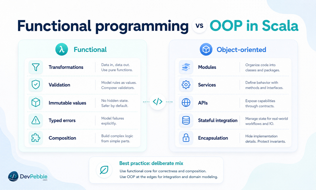 Functional programming vs OOP in Scala — functional technique for transformations and validation, object-oriented technique for modular APIs and framework integration.