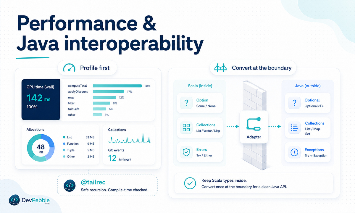 Functional Scala performance and Java interoperability — tail recursion with @tailrec, and converting between Scala Option and Java Optional at the boundary.