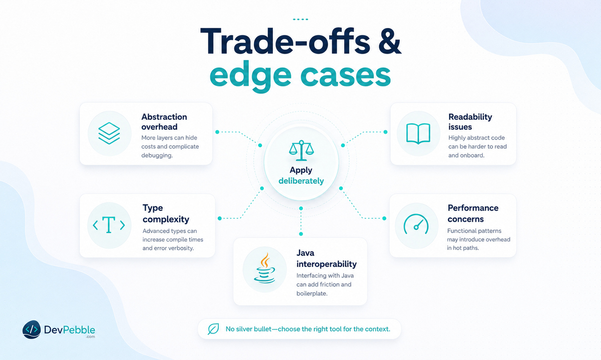 Functional Scala trade-offs and edge cases — unfamiliar abstractions and heavily generic types that hurt readability, plus performance and interoperability quirks.