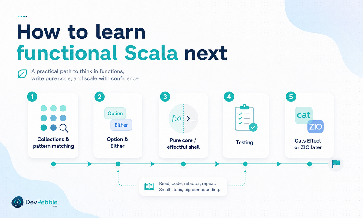 How to learn functional Scala next — solidify collections and pattern matching, get comfortable with Option and Either, then build a pure core with an effectful shell.