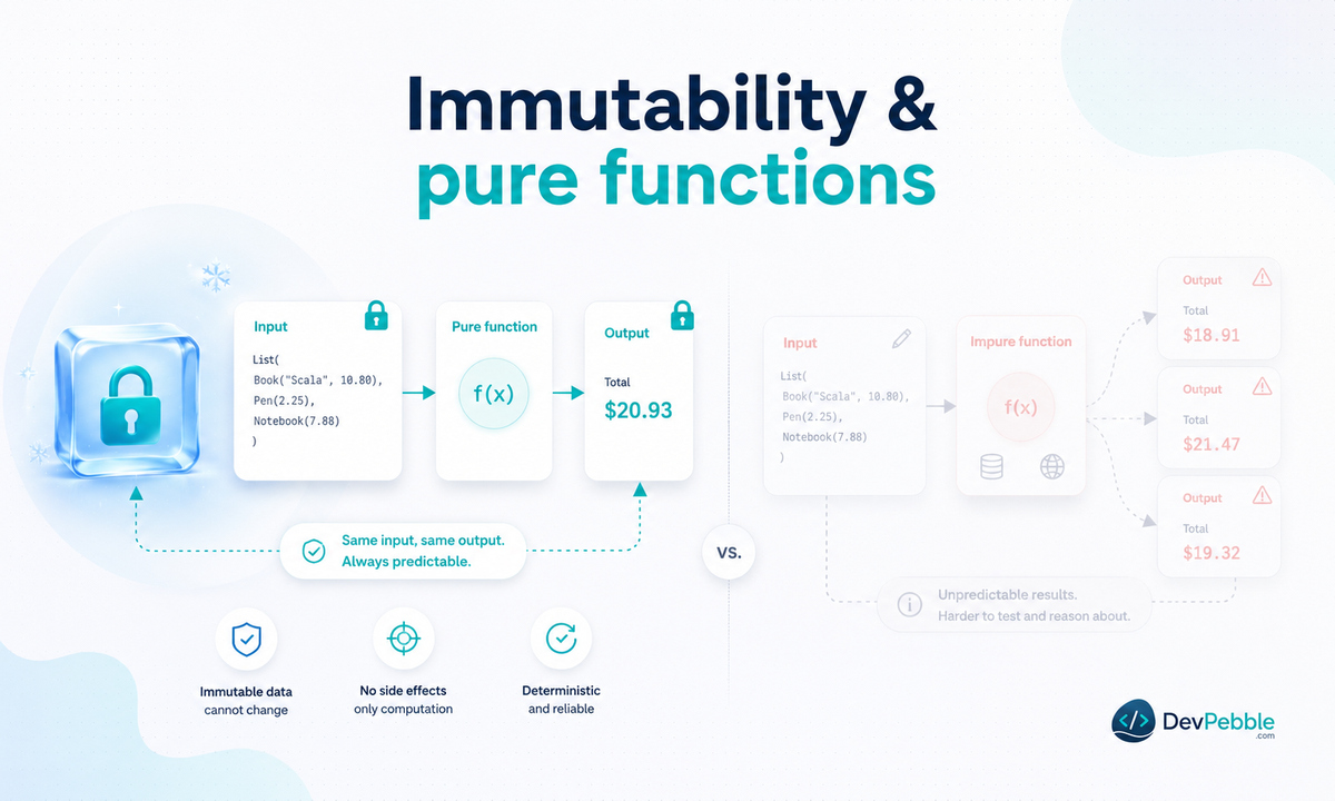 Immutability and pure functions in Scala — immutable values that never change after creation and pure functions that calculate results from declared inputs alone.