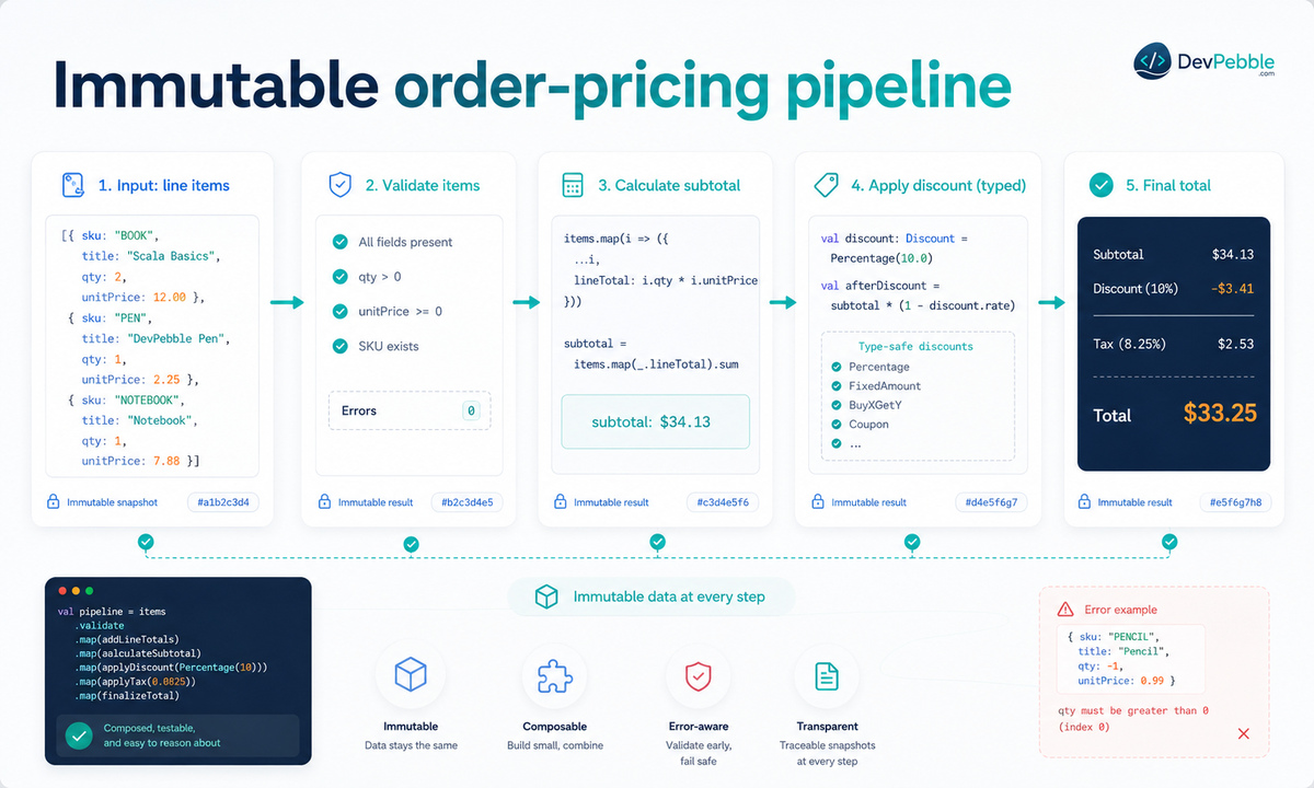 Immutable order-pricing pipeline in Scala — validating line items, summing a subtotal, applying a typed discount, and returning either a total or a specific error.