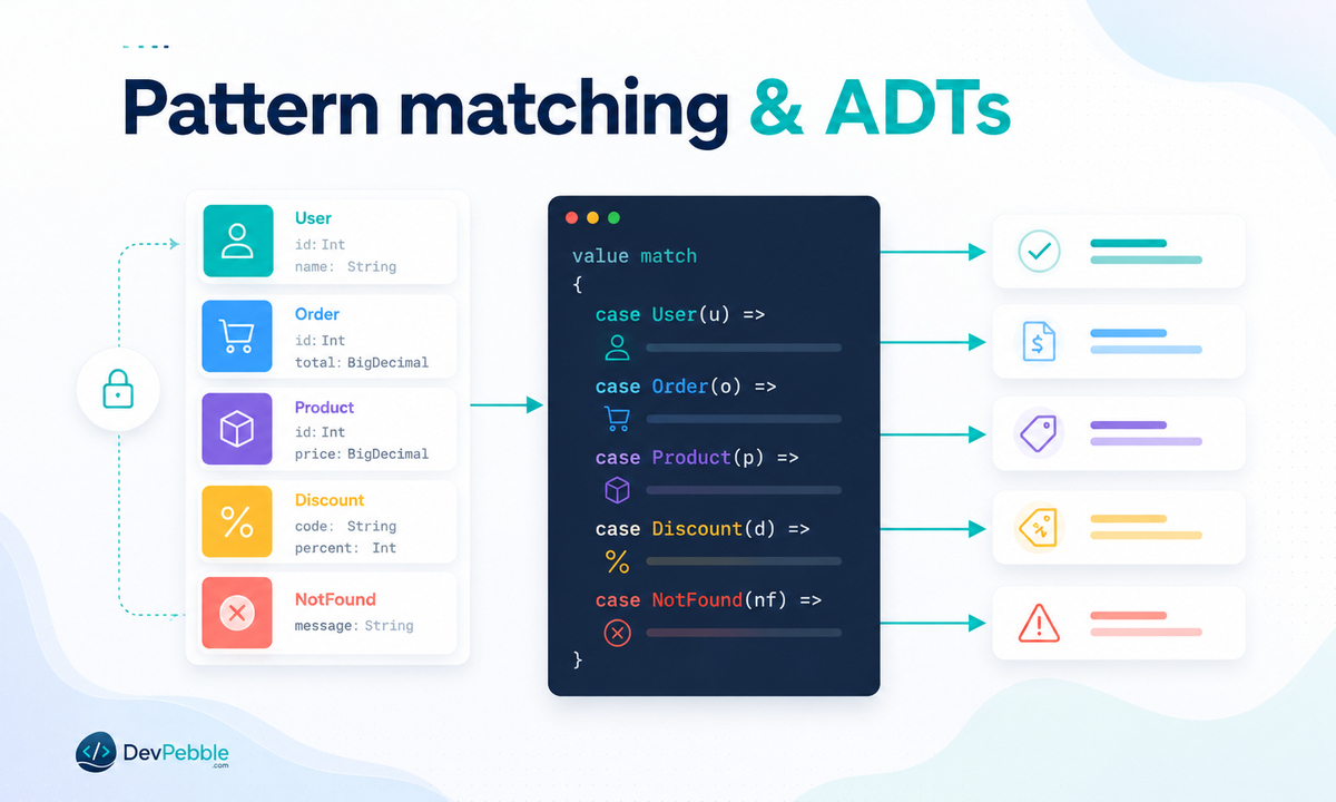 Pattern matching and algebraic data types in Scala — enums that make valid alternatives explicit and pattern matching that selects behaviour based on which alternative you have.