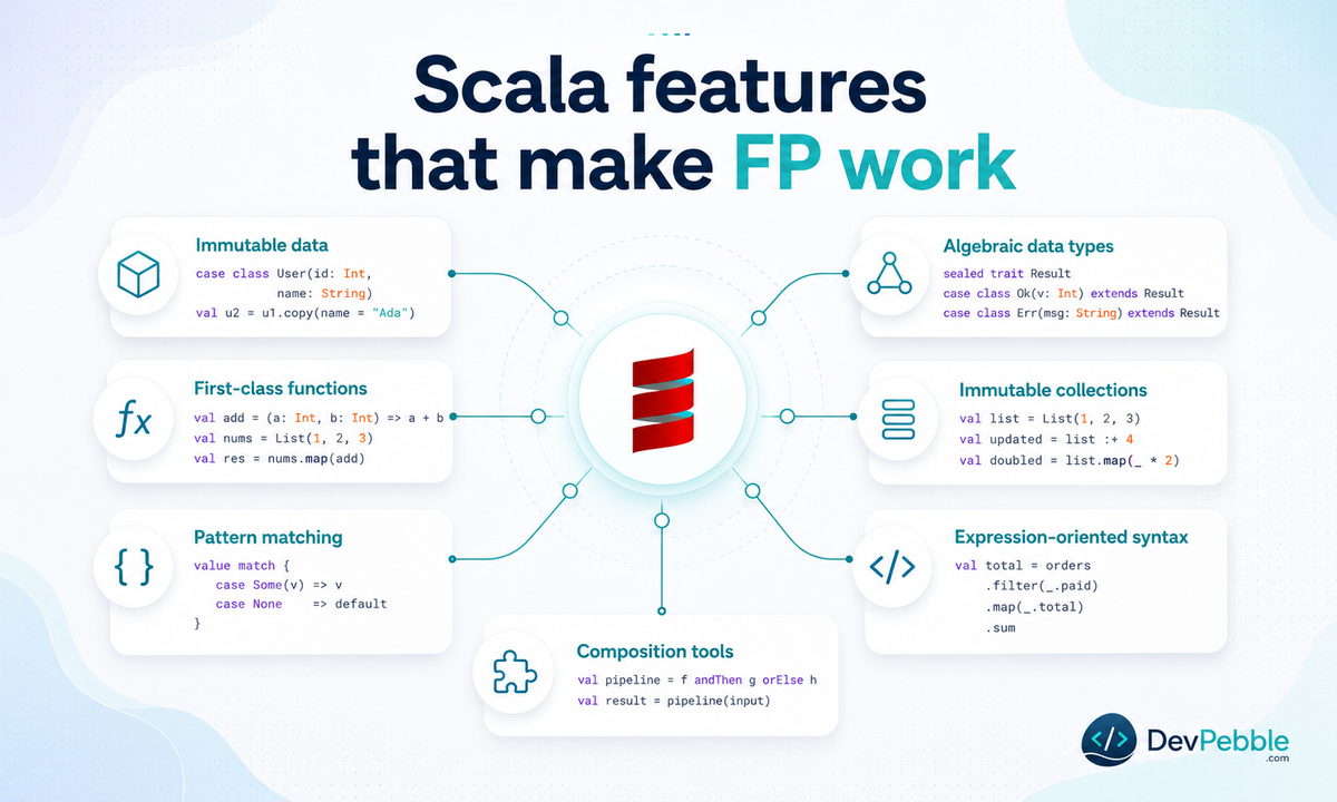 Scala features that make functional programming work — immutable values, pure functions, first-class functions, expression-oriented syntax, immutable collections, pattern matching, and algebraic data types.