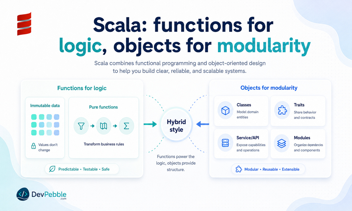 Scala combines functional and object-oriented programming — functions for the logic, objects for the modularity, with case classes holding immutable data.