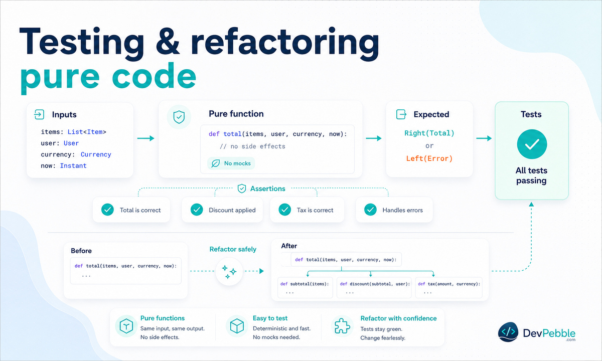 Testing and refactoring pure Scala code — calling priceOrder with different orders and asserting on the Either that comes back, with no mocks, fixtures, or teardown.