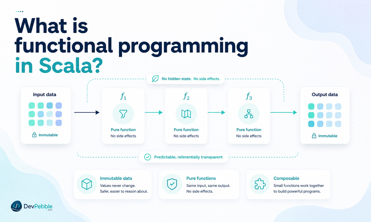 What is functional programming in Scala — a style built on immutable data, functions treated as values, and expressions that compute results without hidden side effects.